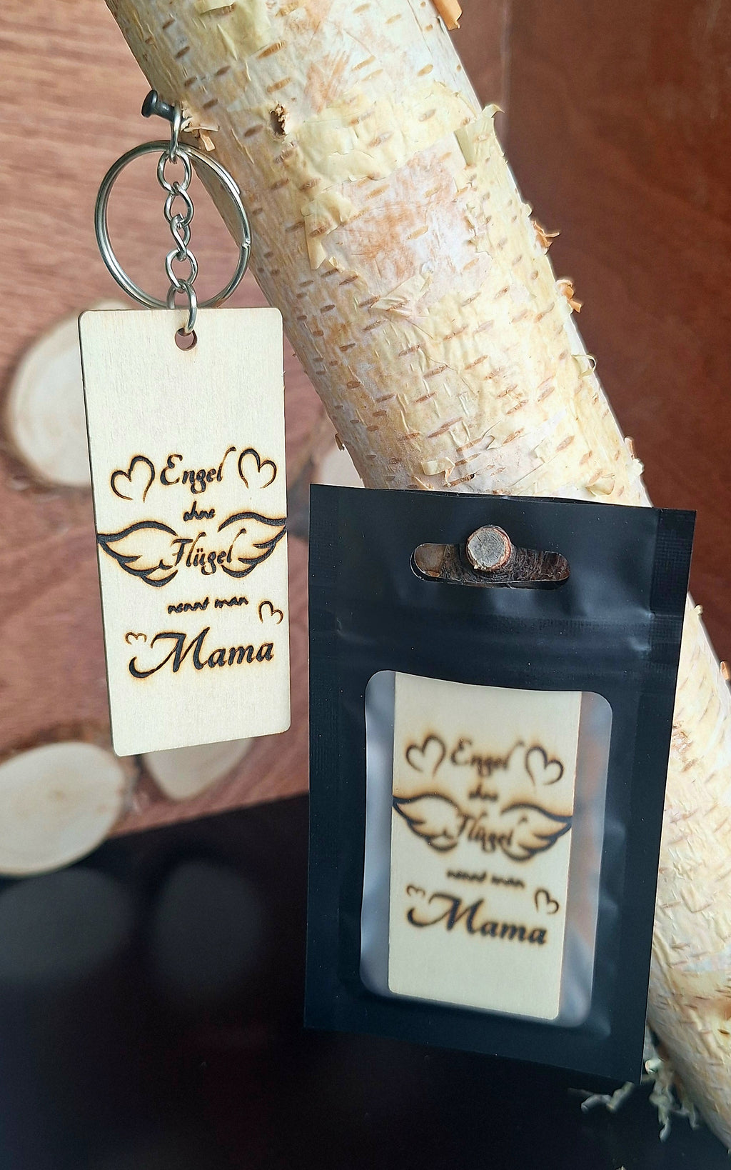 Schlüsselanhänger Rechteck Sperrholz "Engel ohne Flügel nennt man Mama"