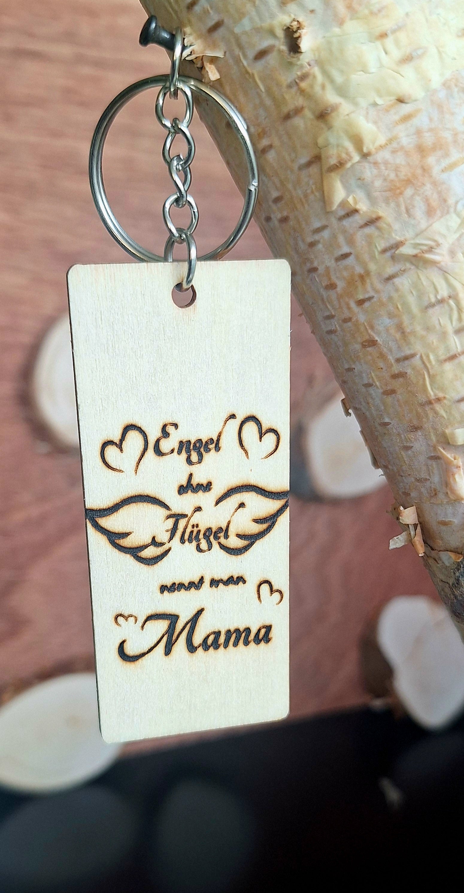 Schlüsselanhänger Rechteck Sperrholz "Engel ohne Flügel nennt man Mama"