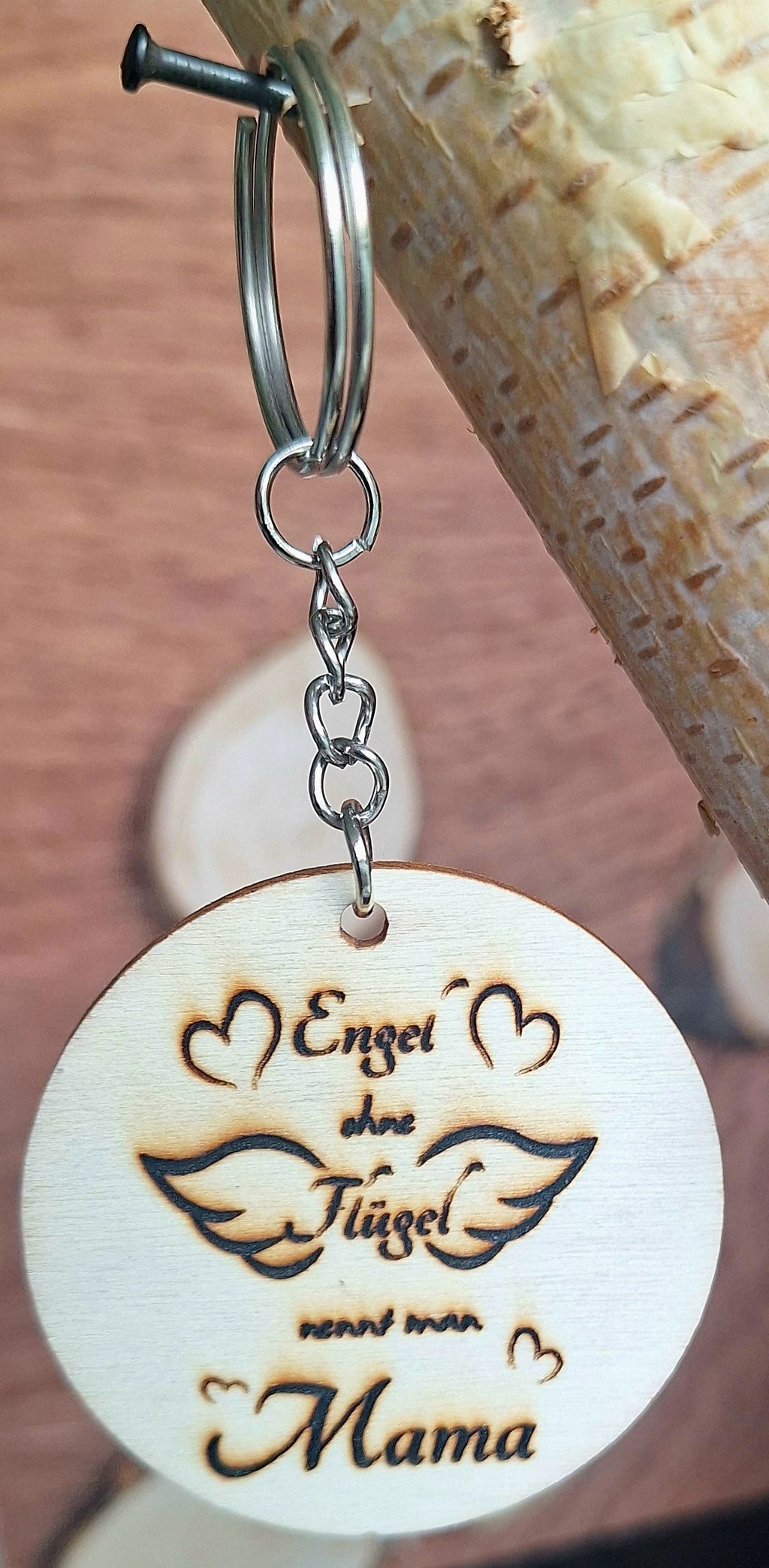 Schlüsselanhänger Rund Sperrholz "Engel ohne Flügel nennt man Mama"