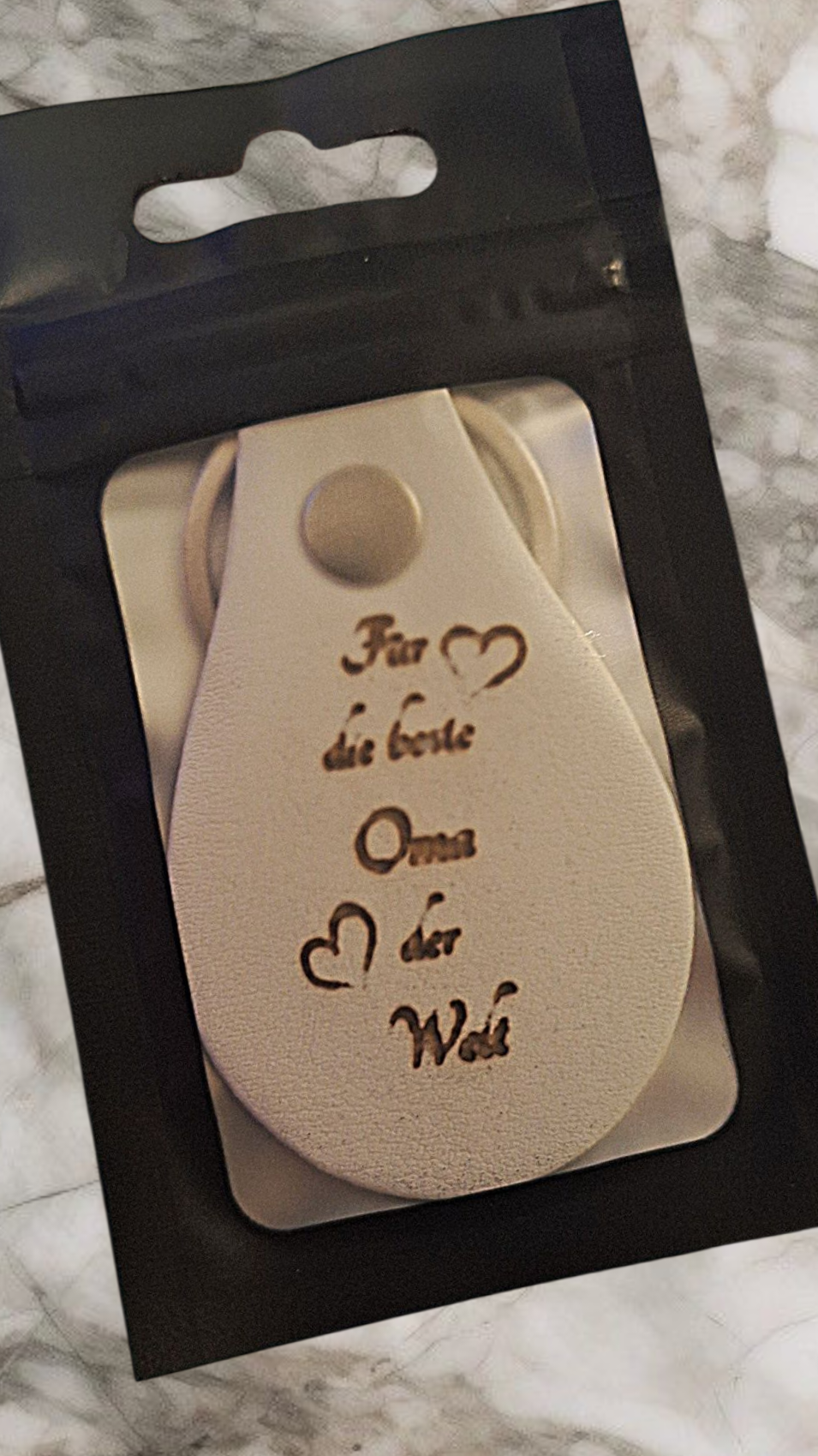 Schlüsselanhänger Leder Oval Weiss "Für die beste Oma der Welt"